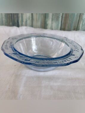6” Tiara Glass Blue Mother Goose children's bowl featuring a wide scalloped rim